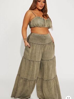 Fashion Nova Olive Tiered Washed Wide-Leg Pants